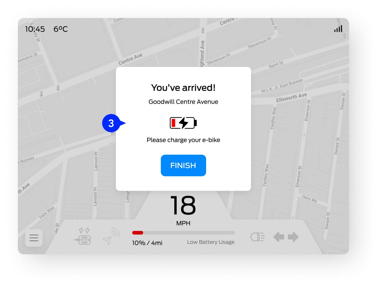 Remind user to charge e-bike after arriving at destination