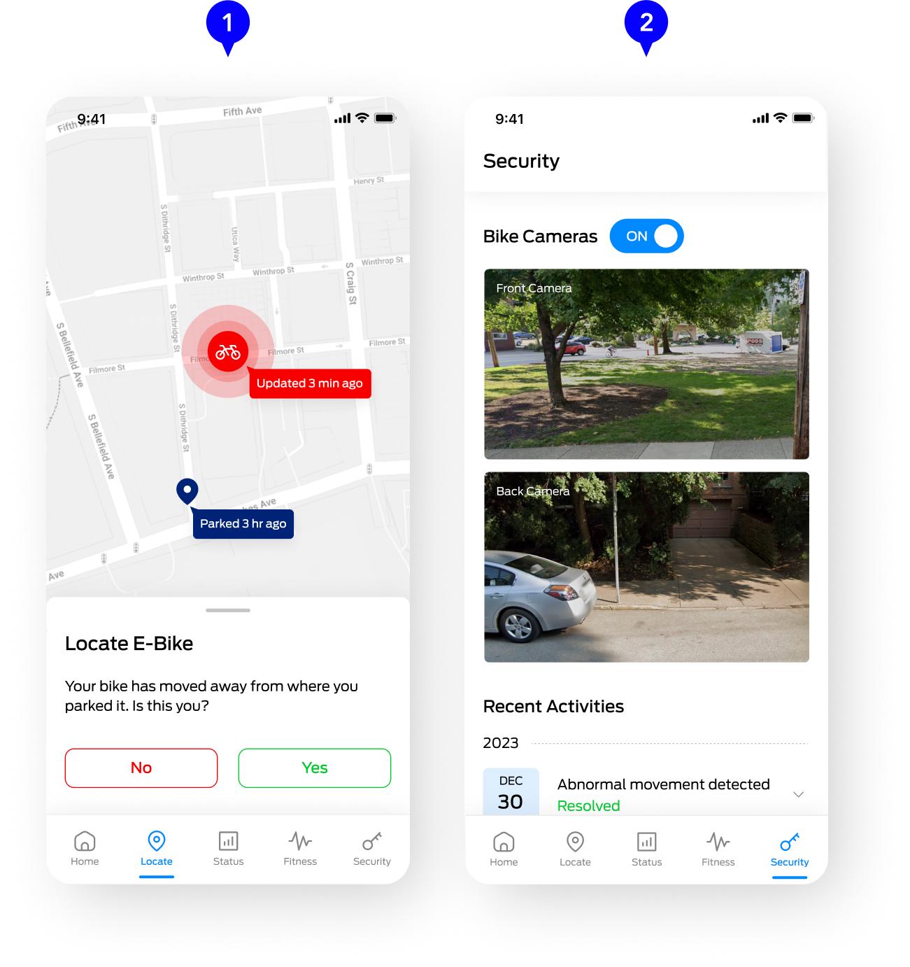 Mobile app locate e-bike and see bike cameras