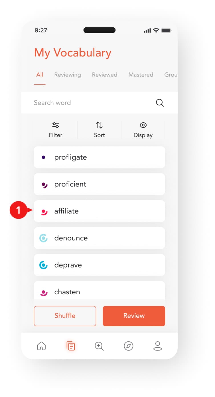 Each word is marked with a Learning Difficulty and Learning Progress